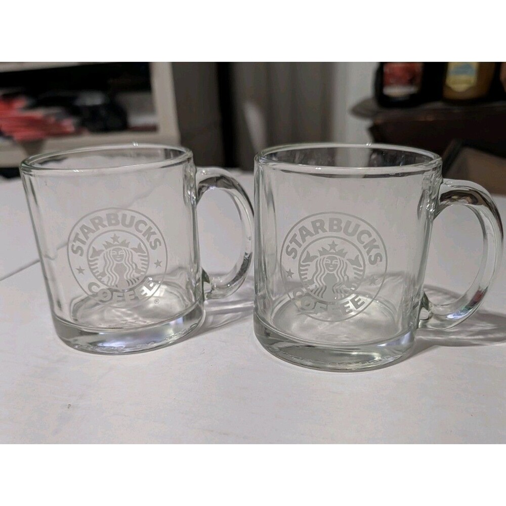 Vintage Starbucks Glass Coffee Mugs 2 Pack Set Etched Logo Made in USA Clear